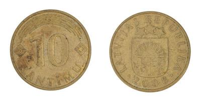 10 Latvian santimu LVL coin with both sides on isolated white background photo