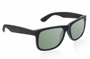 Plastic frame black matt sunglasses with green polarised lenses on white background with shadow reflection photo