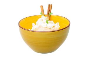 Cottage cheese in a bowl on white background photo