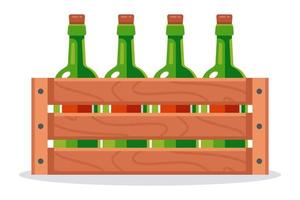 wooden box with glass wine bottles. alcohol in the package. flat vector illustration.