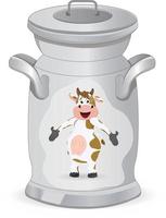 lata de leche aislada con símbolo de vaca delante de ella vector