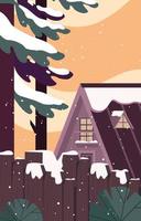 Snowy Trees Near Forest Hut Background vector