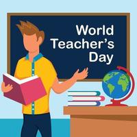 illustration vector graphic of a teacher is teaching while holding a book, displaying a book and a globe on the table, perfect for international day, world teacher's day, celebrate, greeting card, etc