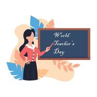 illustration vector graphic of a female teacher holding a stick in front of the blackboard, showing leave, perfect for international day, world teacher's day, celebrate, greeting card, etc.