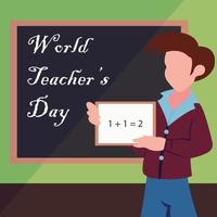 ilustración gráfica vectorial de un maestro sosteniendo una pequeña pizarra, mostrando un fondo de pizarra, perfecto para el día internacional, el día mundial del maestro, celebrar, tarjeta de saludo, etc. vector