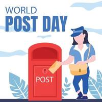 illustration vector graphic of female postal clerk puts postcard in mailbox, perfect for international day, world post day, celebrate, greeting card, etc.