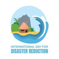 illustration vector graphic of the house on the beach will be hit by the sea waves, showing forest and mountain, perfect for international day, disaster reduction, celebrate, greeting card, etc.
