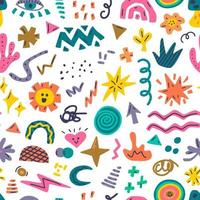 Set of colorful hand drawn doodles of different shapes, abstract elements for modern design, vector seamless pattern on white background