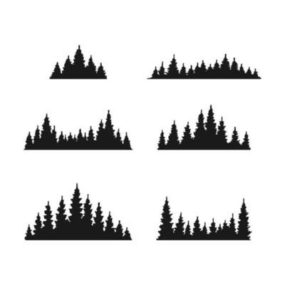 Set of pine trees forest silhouette isolated on white background. Hand drawn vector illustration.