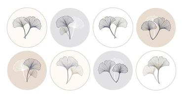 Round icons with ginkgo biloba leaves, set, pastel colors. Social media templates, vector