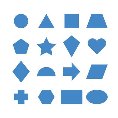 Collection of basic 2D shapes for kids learning, blue geometric shape flash cards for preschool and kindergarten. Illustration of a simple 2 dimensional flat shape symbol set for education.