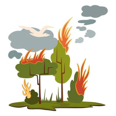 Forest fires. Burning forest spruces in fire flames, nature disaster concept illustration background, poster danger, careful with fires in the woods. Environmental disaster. Vector illustration