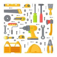 Vector illustration of a set of different tools and appliances for repairs. Tool set consisting of hammer, axe, nails, flashlight, saw, screwdriver, drill, and the rest.