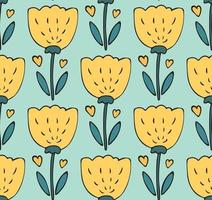 Cute seamless pattern vector background with hand drawn yellow tulip flower doodle with hearts in simple style on blue. Sweet floral backdrop, naive children textile, wrapping paper.