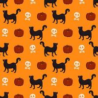 Seamless pattern with pumpkin, black cat and skull on orange background. Festive autumn decoration for Halloween. Holiday October print vector