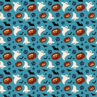 Bright seamless pattern with pumpkins, ghosts, skulls, bats and spiders on blue background. Festive autumn decoration for Halloween. Holiday October paper print. vector flat illustration