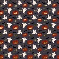 Bright dark pattern with pumpkins, ghosts and bats. Festive autumn decoration for Halloween. Holiday October background for paper print, textile and design. Vector flat illustration
