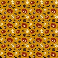 Bright dark seamless pattern with pumpkins, skulls, bats and spiders. Festive autumn decoration for Halloween. Holiday October background for paper print, textile and design. Vector flat illustration