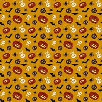 Bright dark seamless pattern with pumpkins, skulls, bats and spiders. Festive autumn decoration for Halloween. Holiday October background for paper print, textile and design. Vector flat illustration