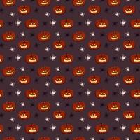 Bright seamless pattern with pumpkins and spiders on purple background. Festive autumn print for Halloween. Holiday October decoration for paper print, textile and design vector