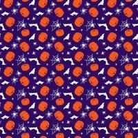 Seamless pattern with pumpkins, bats and spiders on violet background. Halloween party decoration. Festive print for paper, textile, holiday and design. Vector flat illustration
