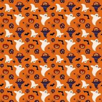 Bright dark pattern with pumpkins, ghosts, skulls, bats and spiders. Halloween festive autumn decoration. October holiday background for paper print, textile and design. Vector flat illustration.