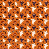 Bright dark pattern with pumpkins, ghosts, skulls, bats and spiders. Halloween festive autumn decoration. October holiday background for paper print, textile and design. Vector flat illustration.