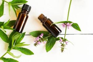 two medical bottles with mint extrata on a white wooden background with green mint leaves and flowers. top view. photo