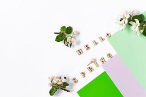 hola letras de madera de primavera sobre un fondo blanco con flores y capullos de manzana de primavera, hojas de papel multicolores. vista superior. un espacio de copia. foto