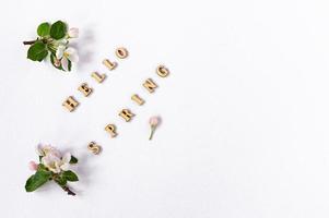 spring background with beautiful apple blossoms and an inscription of wooden letters - hello spring. top view. a copy of the space. photo