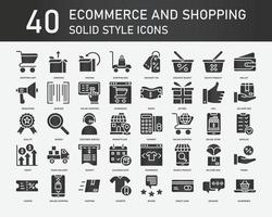 La colección de íconos sólidos de comercio electrónico y compras contiene íconos como comercio, envío, entrega y compras en línea. conjunto de iconos web simples. vector