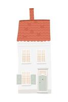 Old cozy two-story European house with a tiled roof and window with shutters isolated on white background. Vector illustration