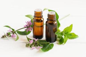 two medical bottles of droppers and fresh spies of peppermint with flowers on a white background. close angle. the concept of well-being. photo