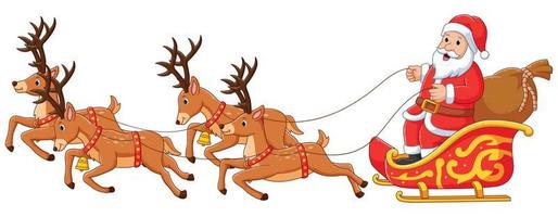 Santa in Sleigh and His Reindeer isolated on a white background. Vector Cartoon Illustration