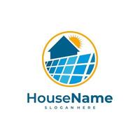 Solar power home logo icon template. Solar panel on roof with house and sun sign. Alternative energy company emblem. Renewable electricity business symbol. Vector illustration.