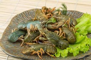 Raw Crayfish on the plate and wooden background photo