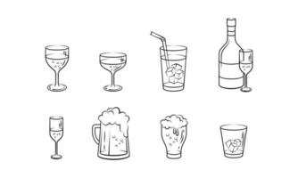 Outlined vector illustration of wine and drinking glasses. Suitable for design element of bar, restaurant, and bar icon. Champagne and beverage icon.