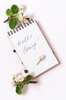 hello spring-notebook page with handwritten text and spring apple blossoms. top vertical view. a holiday card. white background. photo