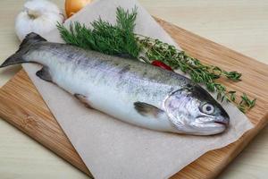 Raw trout on wooden board and wooden background photo