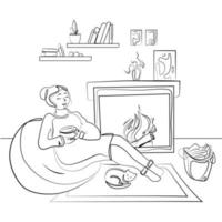 Young woman relaxing near fireplace with a cup of hot drink line art drawing vector illustration.Weekend at home.Girl sitting by the fireplace in a cozy living room black and white sketch