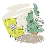 Fashionable cozy armchair and Christmas tree and fluffy carpet, living room fragment color sketch drawing, vector illustration.Christmas living room interior fragment