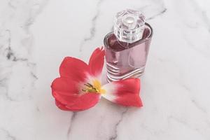 cosmetic perfume spray or eau de toilette in a glass transparent bottle on a marble white background and petals of a spring flower. space for text. photo
