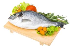 Raw dorado on wooden board and white background photo