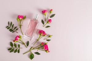 perfume in a glass bottle on a pink background with buds of fresh roses. top view. a copy of the space. Template layout. photo