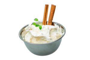 Cottage cheese in a bowl on white background photo