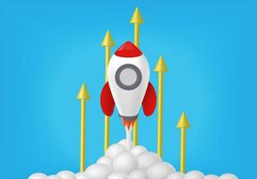 Rocket luanch rising with arrows going up. Business startup, career development, Project success, growth and boost, investment goal, Aim target, opportunity challenge, strategy planning, focus concept vector