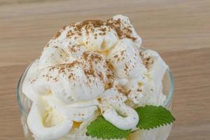 Ice cream in a bowl on wooden background photo