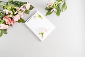 top view of the notepad page for writing your text. pastel background with spring flowers and buds. accumulating space. photo
