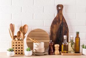 Front view of the modern countertop with many different kitchen items for cooking. ecologically clean kitchen. photo