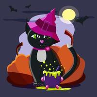 The halloween flat little black cat with the pot vector